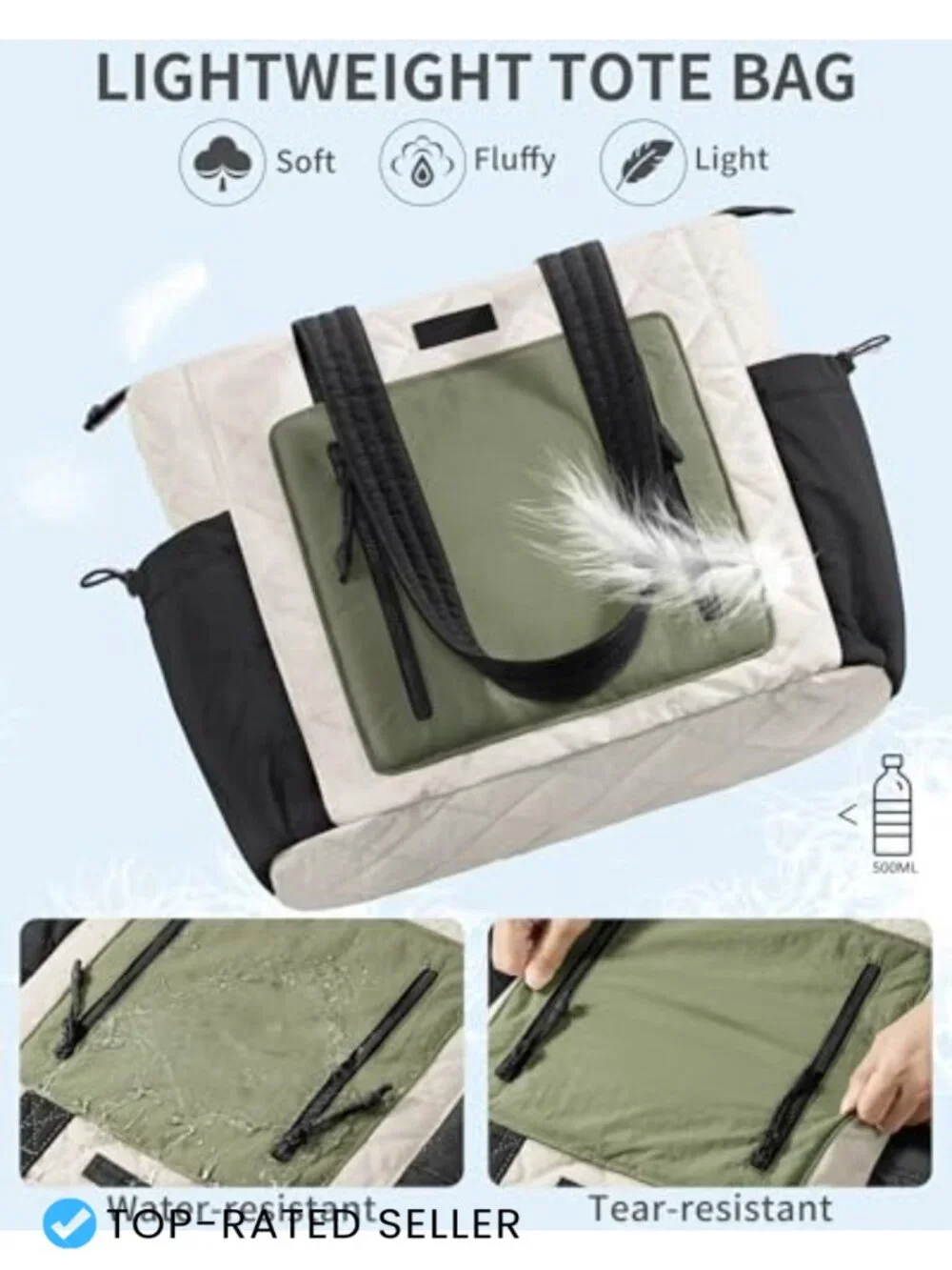 Lightweight Puffy Quilted Tote Bag Large Work Laptop Travel Gym